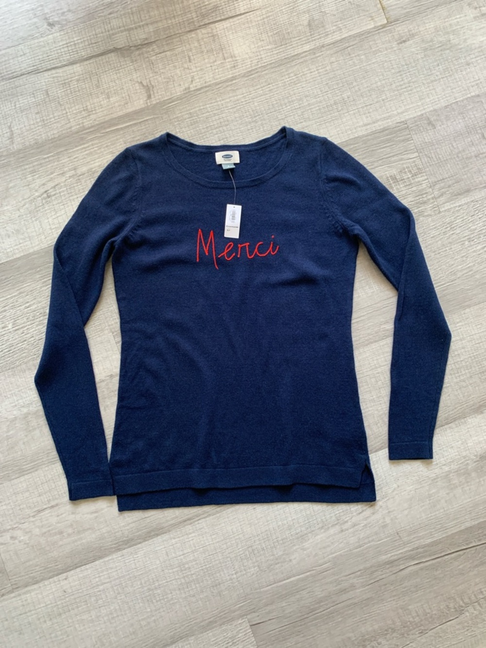 NWT Old Navy Navy Blue Crewneck Sweater with Red Script “Merci”, Size S.